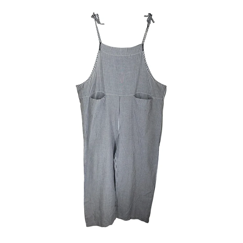 MISSLOOK Gray White Striped Cotton‎ Blend Overalls Women's Large Adjustable Tie